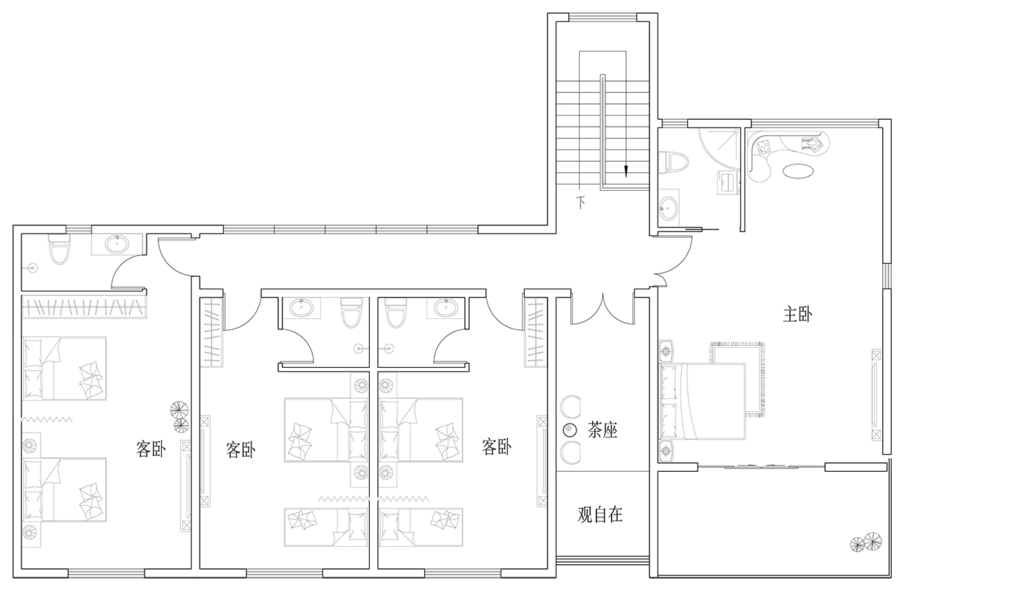 三层平面图 南面开大窗,保证室内有充足的阳光;用百叶木格栅包裹