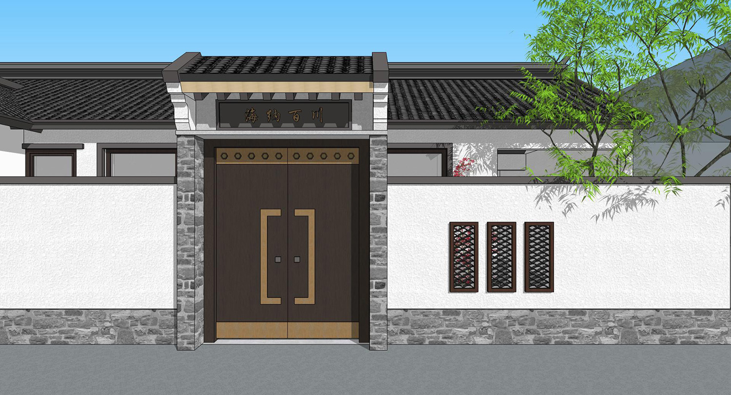 中式别墅庭院建筑大门门楼 院墙 门头 (19) - 草图大师模型