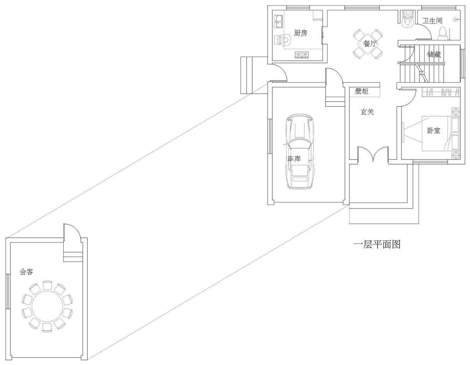 由于占地面积有限,如何在有限面积内满足业主需求成为了设计重点。平面整体布局功能齐全,流线舒适,空间利用率极高。 一层主入口位于南侧,入门玄关根据需求可摆放神位或作为换衣空间起到过渡作用。餐厅和厨房位于北侧,与卫生间在一侧。厨房旁过道开有西侧次入口,使得业主及其家人日常使用更加方便。
