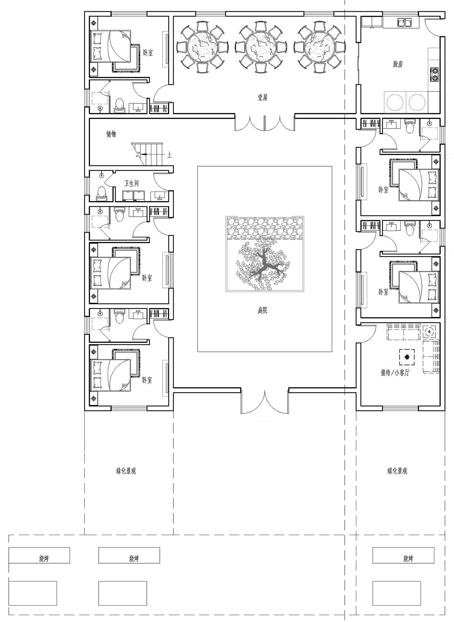 一层平面图 建筑最终将作为民宿使用,因此平面共规划9间卧室,满足