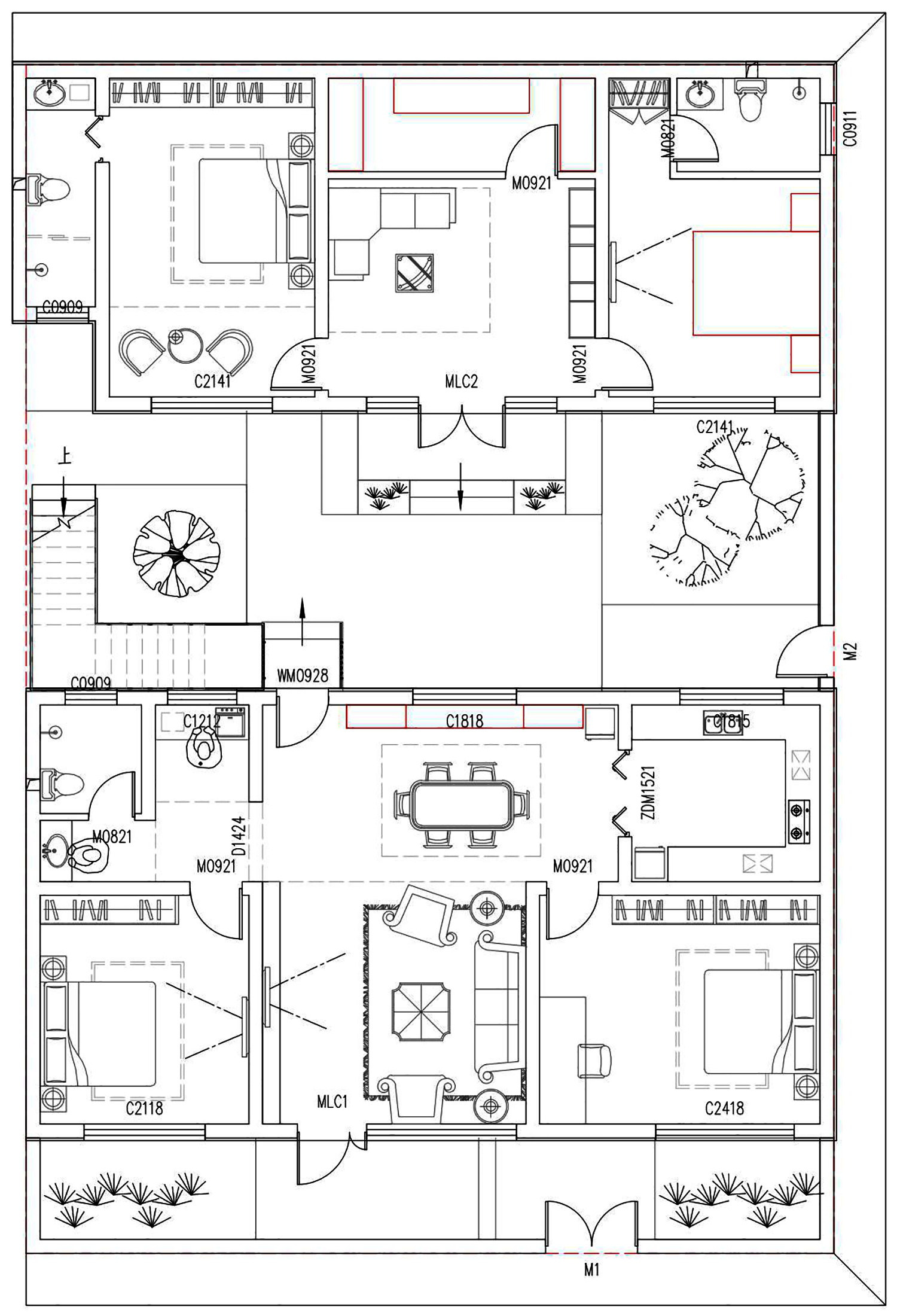 △一层平面图 宅院内的建筑分为南北两栋,通过建筑的排布,也将庭院