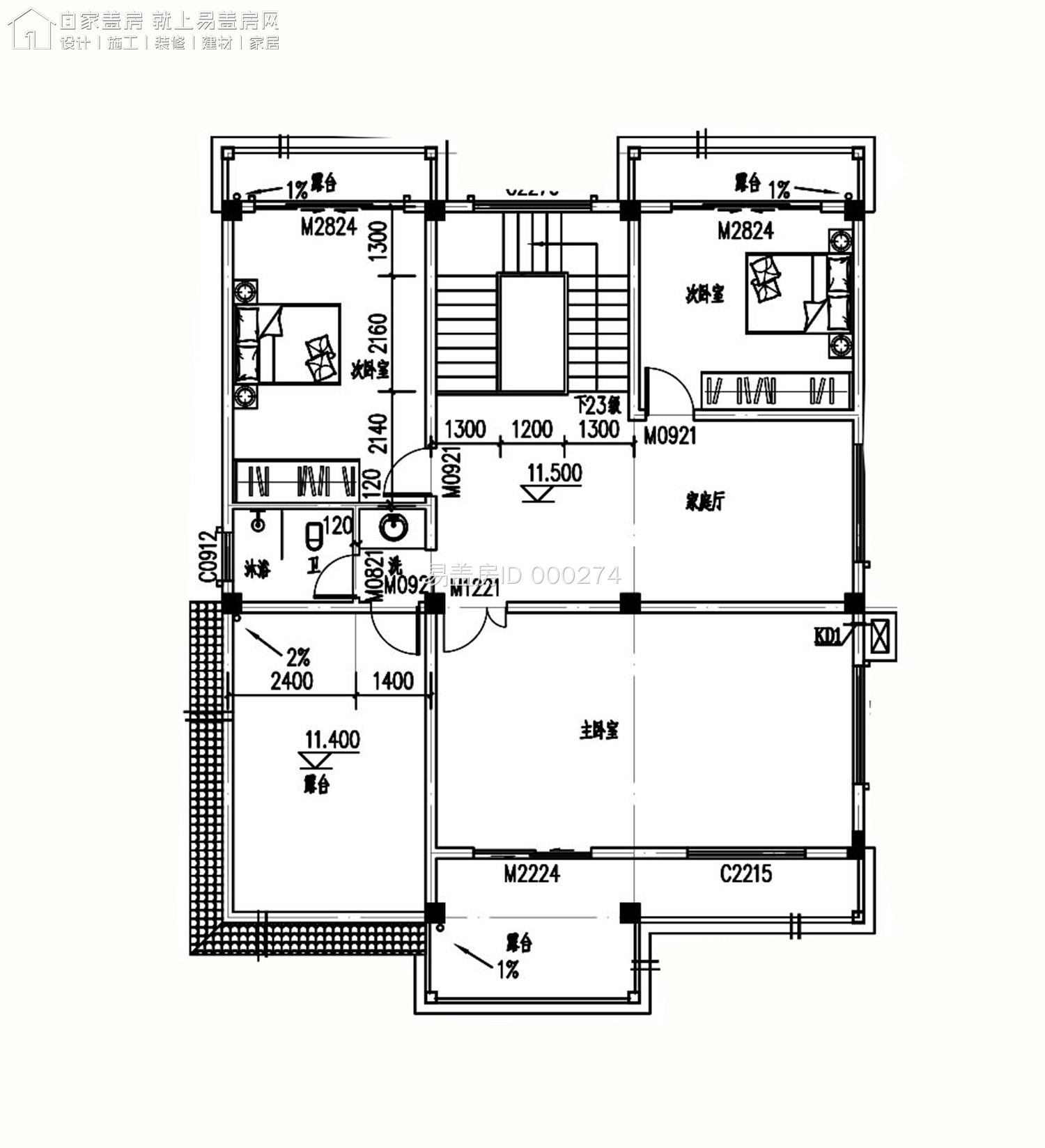 建房图库 浙江杭州独栋别墅 △一层平面图 二层和三层布局一致,设有三