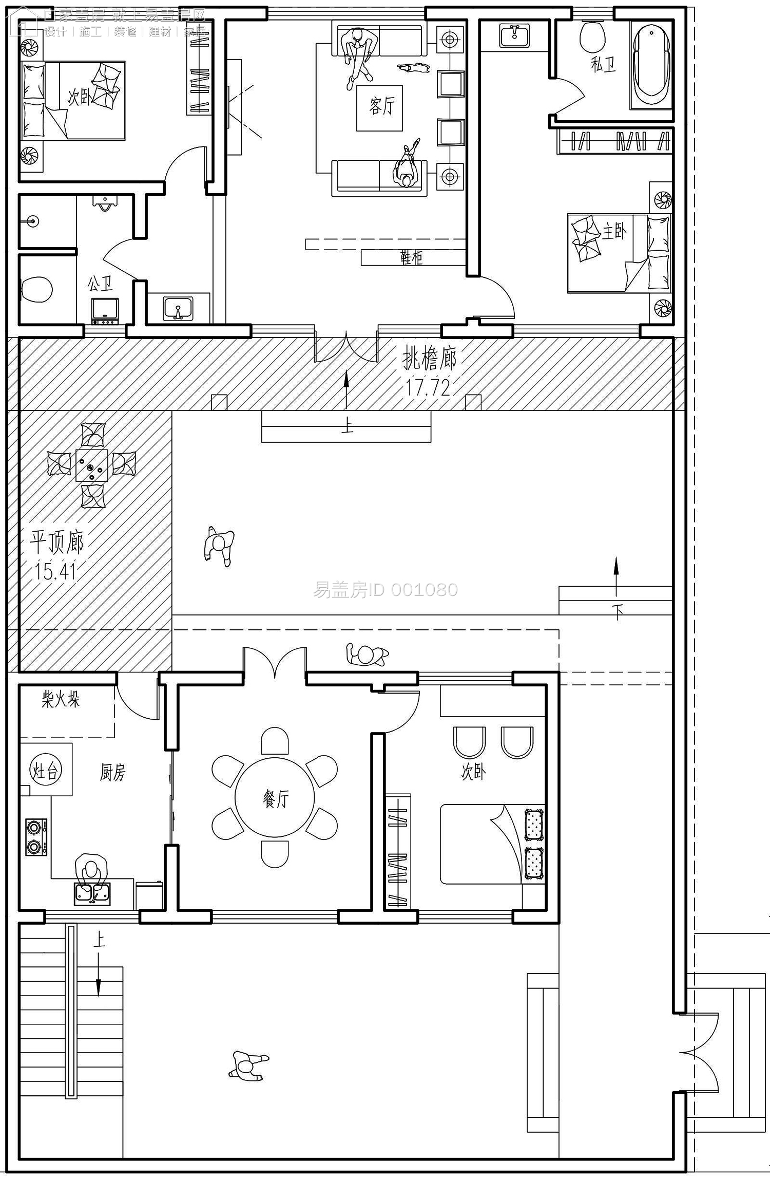 B863一层中式三合院农村别墅户型图，带地下室-建房图库-墅小宅
